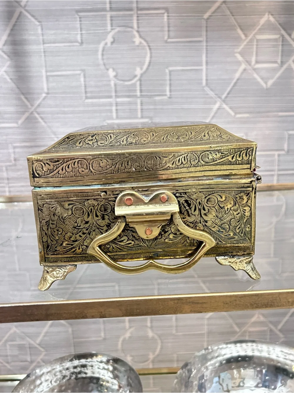 Vintage Etched Brass Jewelry Box Red Velvet Lined Trinket Box